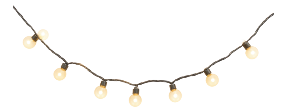 String of warm glowing round light bulbs connected by a dark twisted wire, creating an ambient decorative lighting setup on transparent background.