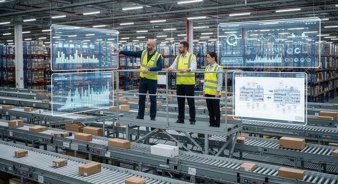 Logistics team monitoring an automated conveyor system with futuristic digital interfaces