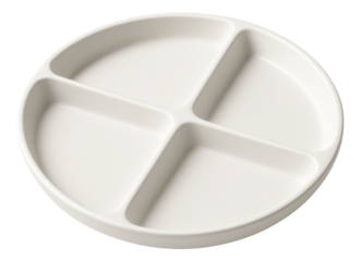 Round plate with four divided sections designed for serving food, on transparent background.