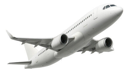 Modern passenger airplane with two engines and sleek aerodynamic design captured from below at an angle on transparent background.