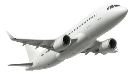 Modern passenger airplane with two engines and sleek aerodynamic design captured from below at an angle on transparent background.