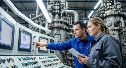 Male and female engineers discussing data on a control panel in a modern factory setting