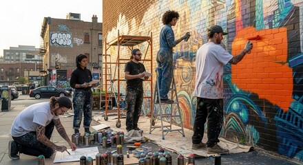 Diverse team of street artists collaborating on a large, vibrant mural on an urban brick wall.