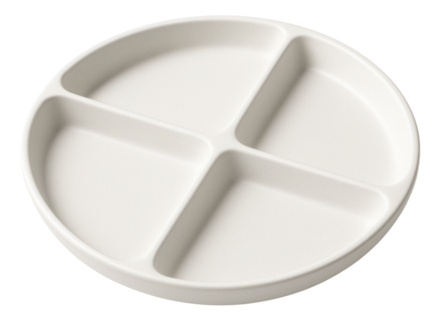 Round plate with four divided sections designed for serving food, on transparent background.