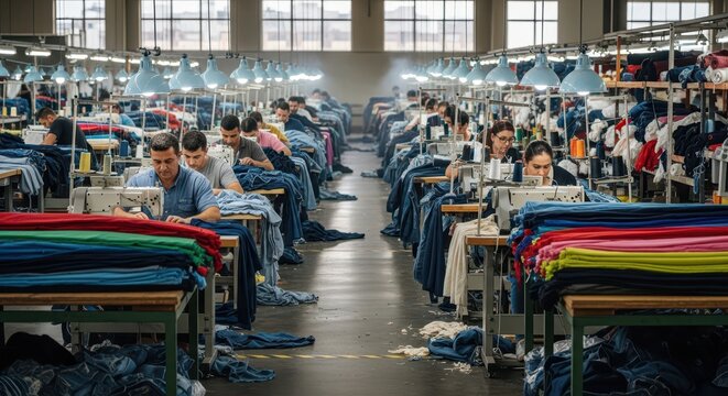 Rows of skilled workers operating sewing machines in a large, busy garment factory production line.