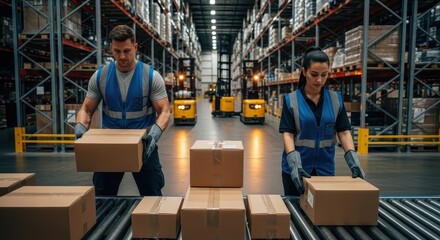 Warehouse employees in safety vests placing packages on a conveyor belt in a distribution center