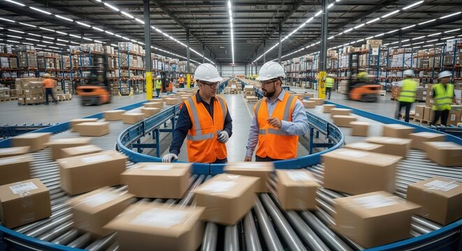 Two warehouse employees supervising packages moving on a conveyor belt in a logistics center.