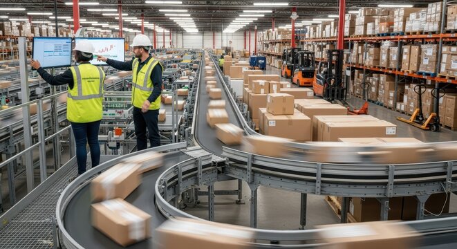Two employees supervising a fast-moving conveyor system of packages in a busy warehouse hub.