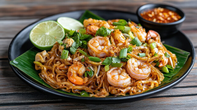 Fried hokkien mee with prawns, squid, sambal, and lime black plate evokes delicious experience