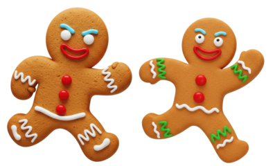 Two Funny Gingerbread Men Running in Different Poses, Isolated on Transparent Background