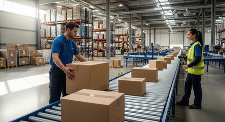 Two logistics workers sort cardboard boxes on a conveyor belt in a large distribution warehouse.