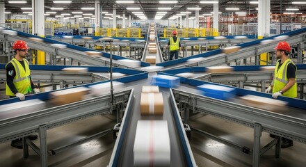 Warehouse staff in reflective gear observing packages on a fast automated conveyor system