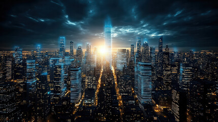 Futuristic cityscape with glowing skyscrapers and blue laser grid overlay, showcasing vibrant