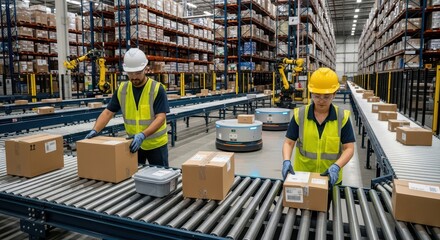 Team of diverse workers managing packages on an automated conveyor system in a busy warehouse