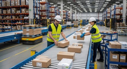 Warehouse workers sorting packages on an automated conveyor line in a modern logistics center
