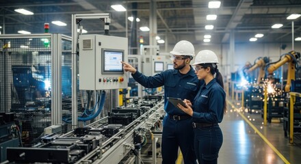Industrial engineers monitoring automated machinery performance on a factory conveyor system