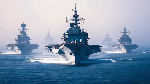 Powerful American aircraft carriers sailing in formation through ocean mist