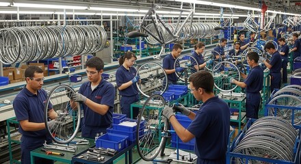Industrial factory floor with workers assembling bicycle wheels and frames on a production line.