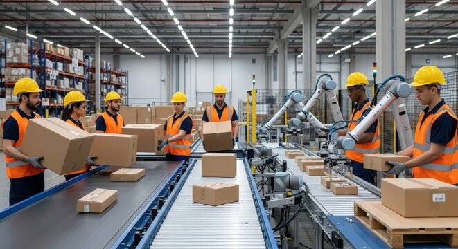Diverse team of warehouse workers and robotic arms collaborating on a busy packaging line. - Powered by Adobe