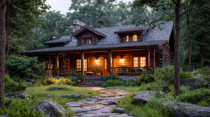 Fototapeta premium Cozy wooden cabin nestled in lush greenery with warm outdoor lighting and a stone pathway leading to the entrance