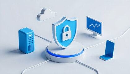 3D illustration of a secure network system featuring a padlock shield connected to cloud storage, servers, computers, and smartphones, emphasizing cybersecurity infrastructure.