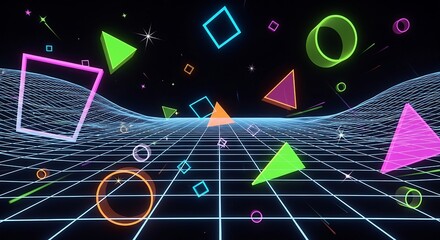 Retro Futuristic Landscape with Geometric Shapes and Grid