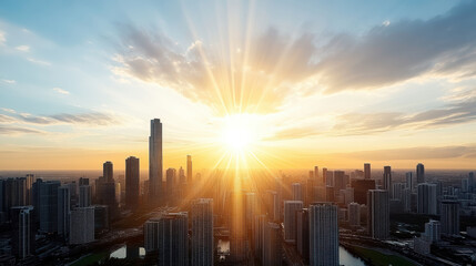 Fototapeta premium Stunning skyline at sunset with rays of light illuminating skyscrapers and clouds