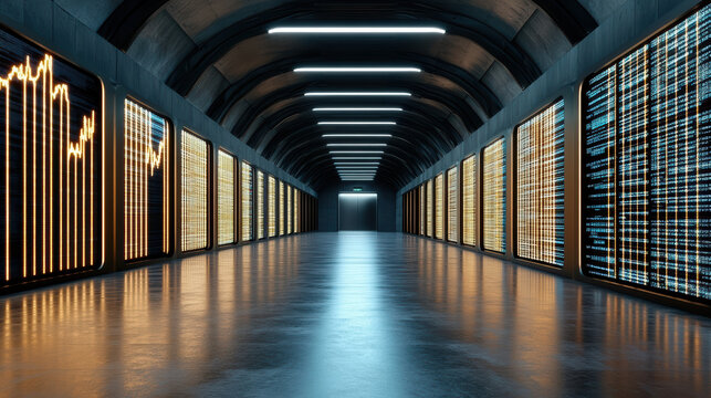 Futuristic data center with glowing graphs and charts illuminating walls, showcasing digital
