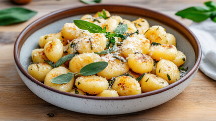 Gnocchi with sage butter and grated cheese served in bowl, showcasing delicious meal