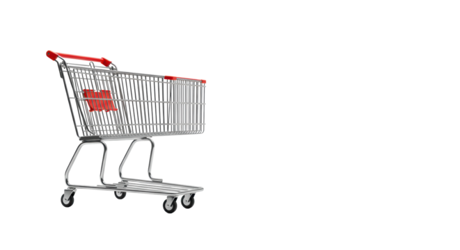 Pristine empty polished metal shopping cart, gleaming chrome, clean handle, well-defined wheels on a stark white seamless studio background, soft shadows. Concept of efficiency and potential in