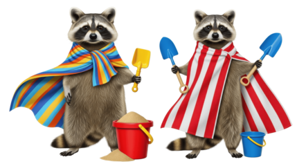 Two Raccoons Wearing Towel Capes and Holding Shovels and Buckets, Isolated on Transparent Background