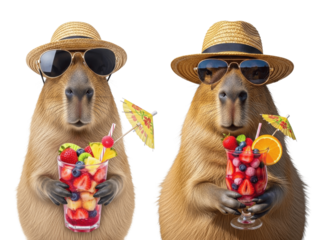 Two Capybaras with Hats and Sunglasses Drinking Fruit Punch, Isolated on Transparent Background