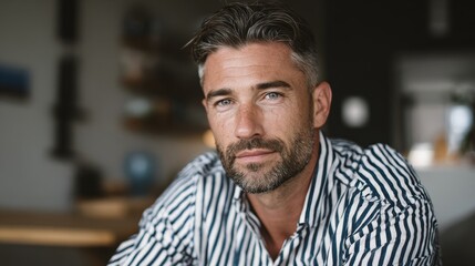 Obraz premium portrait of man 40 years old in shirt with white and dark blue stripes at home background