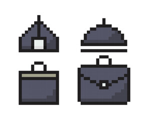Pixel Art Business Bags and Briefcases Set, 8-Bit Office Icons Collection, Retro Work Accessories in Dark Colors, Digital Pixel Style Case Graphics, Professional Bag Icons, Pixel art.