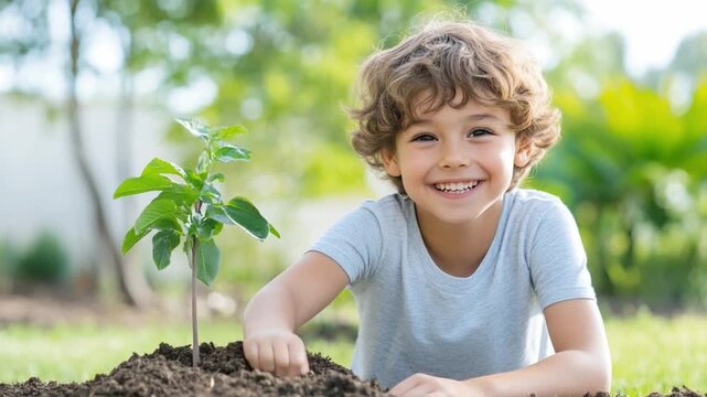 A Young Gardner's Green Gesture: A radiant young boy planting a small tree in a garden, embodying the essence of growth and environmental stewardship.