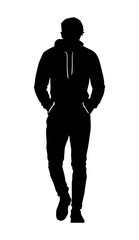 Black silhouette of a man walking with his hands in his pockets and head down, depicting sadness, loneliness or deep thought, without background