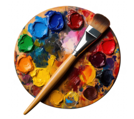 Artist's palette with vibrant colors and paintbrush on a transparent background studio shot
