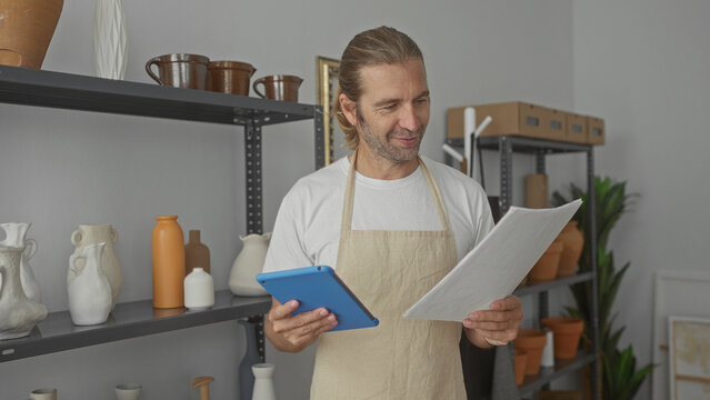 Man reading a tablet and holding documents in a studio with pottery shelves and clay vases; concentration.