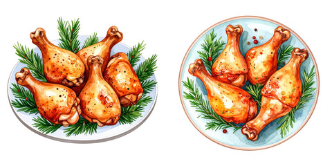 Watercolor painting of roasted chicken legs on plate with transparent background