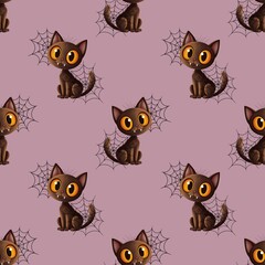 seamless pattern, cute black cat with orange eyes and cobwebs on a pink background.