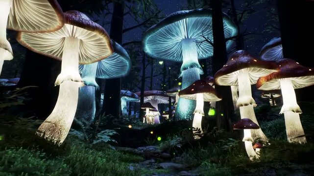 Magical glowing mushrooms in a fantasy forest path illustration