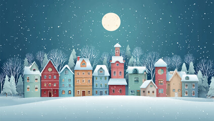 Winter Village Landscape with Snow Covered Houses and Moonlit Sky Festive Holiday Scene for Christmas and New Year Decorations