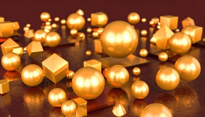 Luminous Golden Geometry A Luxurious Array of Spheres and Cubes on a Reflective Surface.