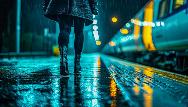 Woman walking on a rainy train station platform at night