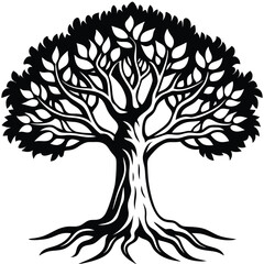 Obraz premium Tree silhouette vector. Tree with roots. Tree logo, icon vector illustration.. black and white tree.