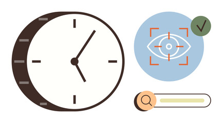 Analog clock with minimal design, eye recognition target with a checkmark, and search bar. Ideal for time management, focus, vision, productivity, analytics search progress. Simple flat metaphor