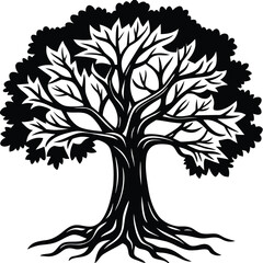 Tree silhouette vector. Tree with roots. Tree logo, icon vector illustration.. black and white tree.