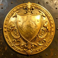 Luminous Golden Heraldic Crest with FleurdeLis on a Riveted Surface.