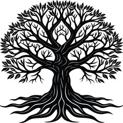 Obraz premium Tree silhouette vector. Tree with roots. Tree logo, icon vector illustration.. black and white tree.
