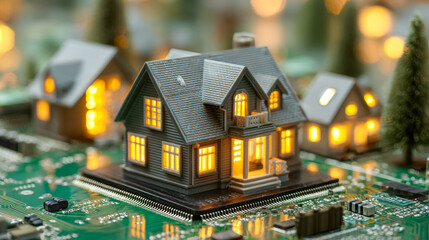 Digital home model with illuminated windows on a circuit board background